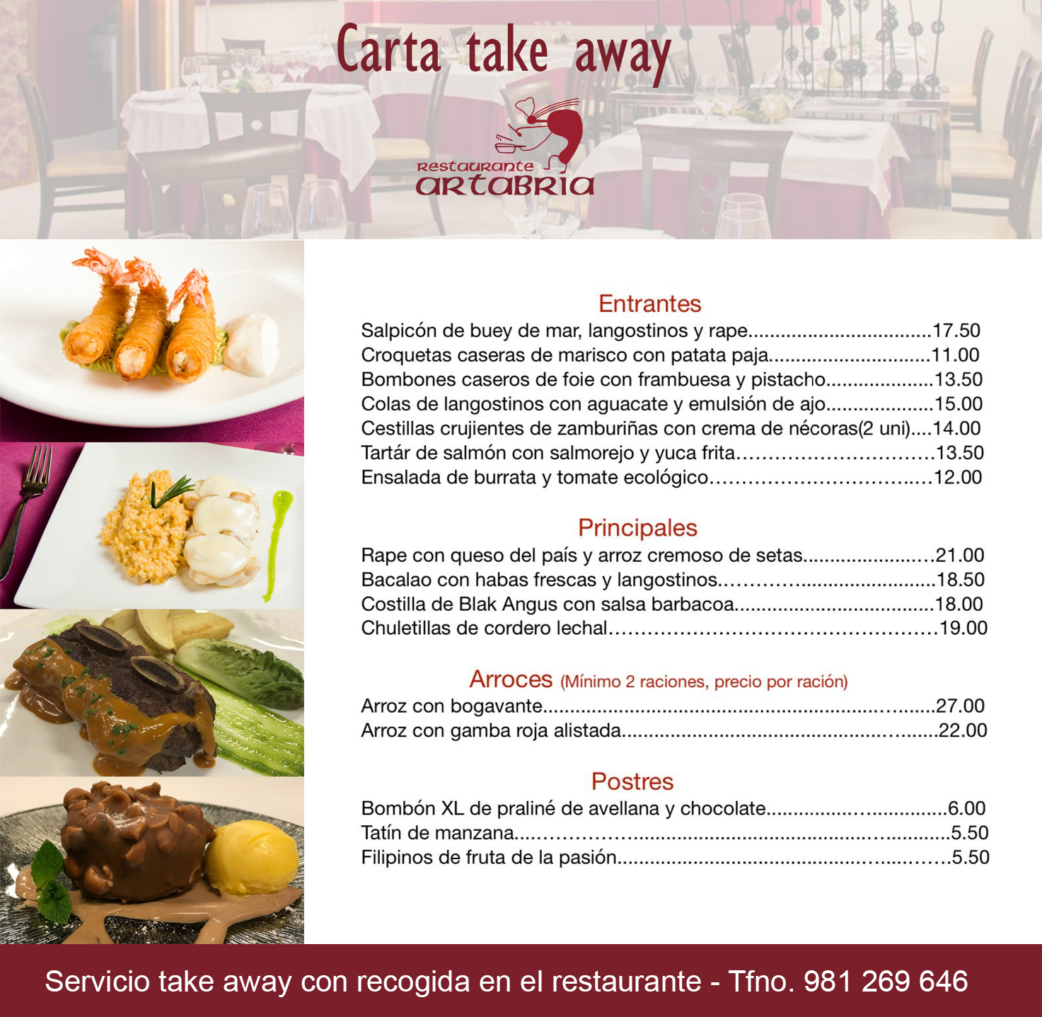 carta take away restaurante Artabria
